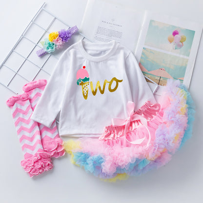 ふわふわチュールでプリンセス気分が高まる 女の子長袖トップス＆チュールスカート4点セット アイスモチーフプリント ナイロン混 80cm