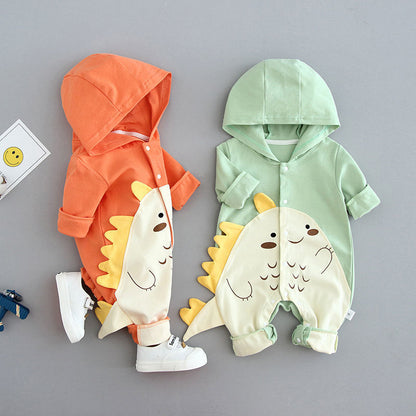 毎日のおでかけをふんわり快適にする 赤ちゃん用長袖カバーオール 恐竜デザインフード付き コットン 66〜90cm