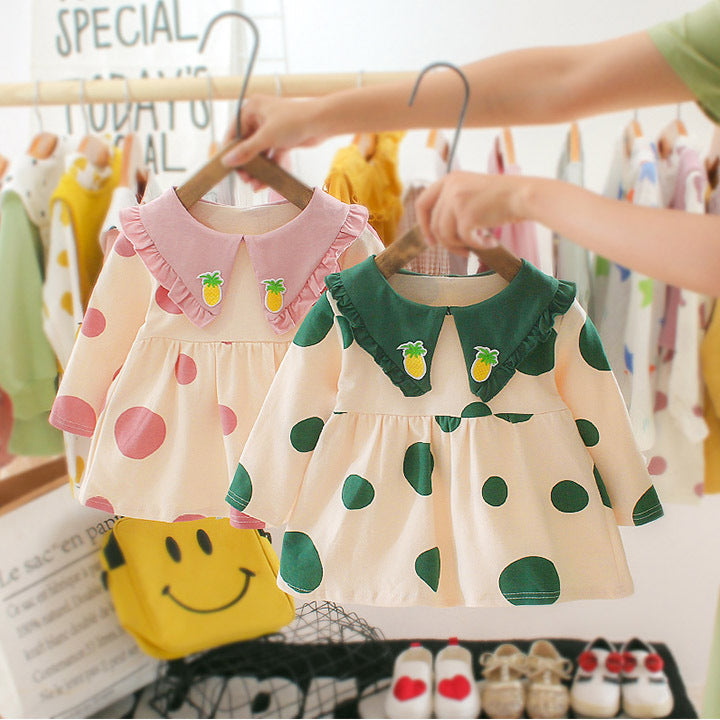 カラフルドット柄のフリル襟コットンワンピース正面
