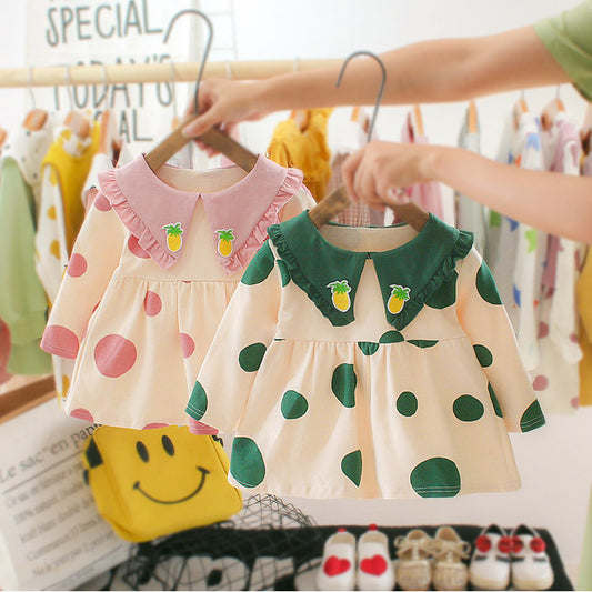 カラフルドット柄のフリル襟コットンワンピース正面
