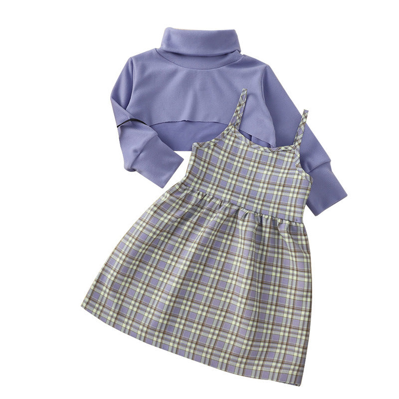 きちんと見えで可愛さ引き立つ 女の子ハイネック長袖トップス×チェック柄ジャンパースカート 2点セット ポリエステル混 90~130cm