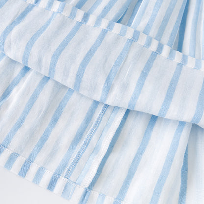 清楚ストライプで写真映えする 女の子ノースリーブワンピース ブルー×ホワイト縞柄 立体襟デザイン コットン100% 66~130cm