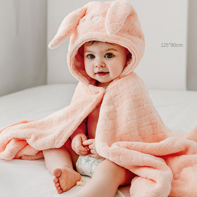 ラビットカラー アニマルフード付きベビーバスタオル 着用イメージ（綿100%・冬向け）
