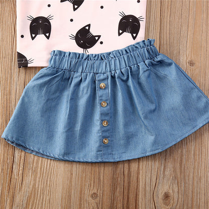 さらっと可愛くコーデが決まる 女の子半袖トップス＆ブルーAラインスカートセット 猫柄フリル袖 ファブリック素材 80~120cm