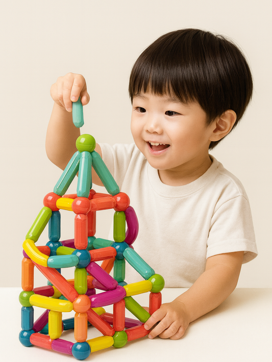 カラフルなマグネットスティックブロックで花の形を組み立てた様子
