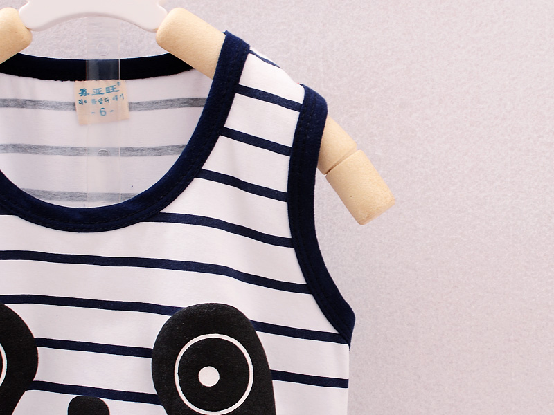 汗ばむ季節もさらっと快適な 男の子ノースリーブトップス＆ショートパンツセット ボーダー×パンダプリント コットン 80~110cm