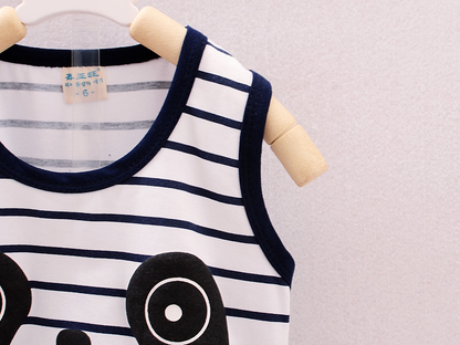 汗ばむ季節もさらっと快適な 男の子ノースリーブトップス＆ショートパンツセット ボーダー×パンダプリント コットン 80~110cm