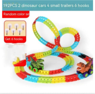 3種類のレイアウト例と恐竜カーリモコンユニットがまとめて表示されたX3セット構成イメージ
