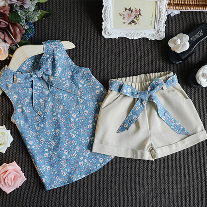さらっと涼しく上品に決まる 女の子ノースリーブリボンベスト＆ショートパンツ2点セット コットン混 薄手 90〜130cm
