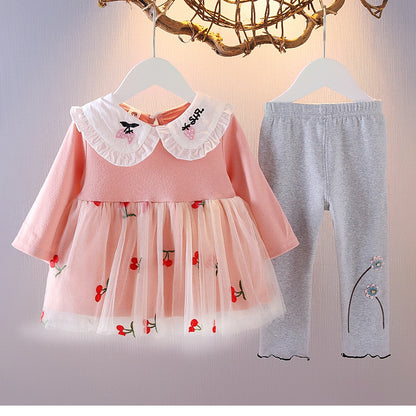 ふんわりチュールにさくらんぼ刺繍が映える 女の子襟付きワンピース＆レギンス上下セット 長袖 66〜110cm