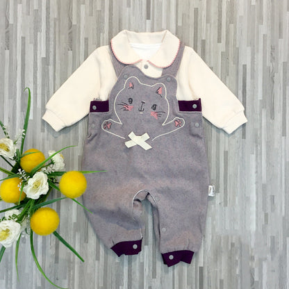 重ね着風でおめかしが叶う 女の子ビブサロペット上下セット ねこプリント 丸襟ロングスリーブ コットン95% 66~90cm