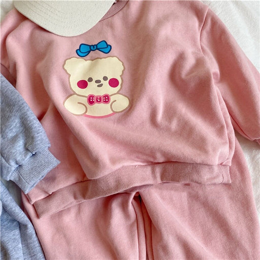 ベアプリントの韓国風スウェット上下セット
