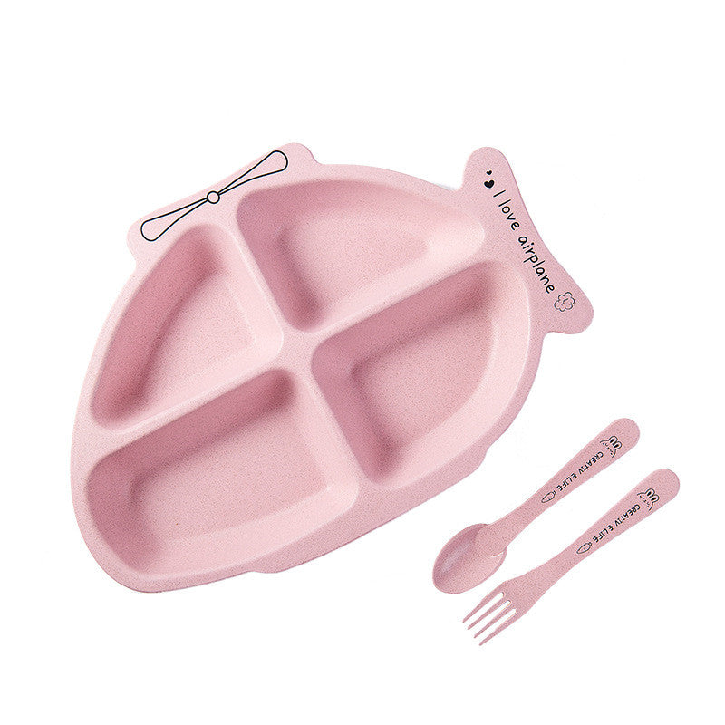 仕切り付きベビープレート（ピンク）スプーン＆フォークセット 小麦繊維ブレンドの子ども食器
