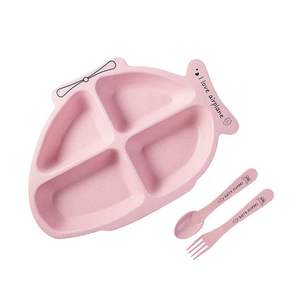 仕切り付きベビープレート（ピンク）スプーン＆フォークセット 小麦繊維ブレンドの子ども食器
