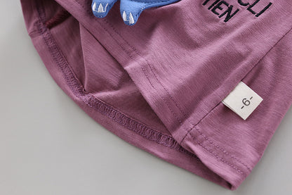 元気いっぱいに映える 子ども半袖上下セット 恐竜カートゥーンアップリケ 五分丈ショーツ コットン95% 80~110cm