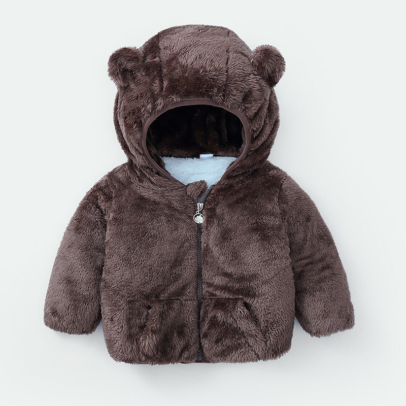 kids fuzzy ear hooded jacket dark brown color front view on hanger
