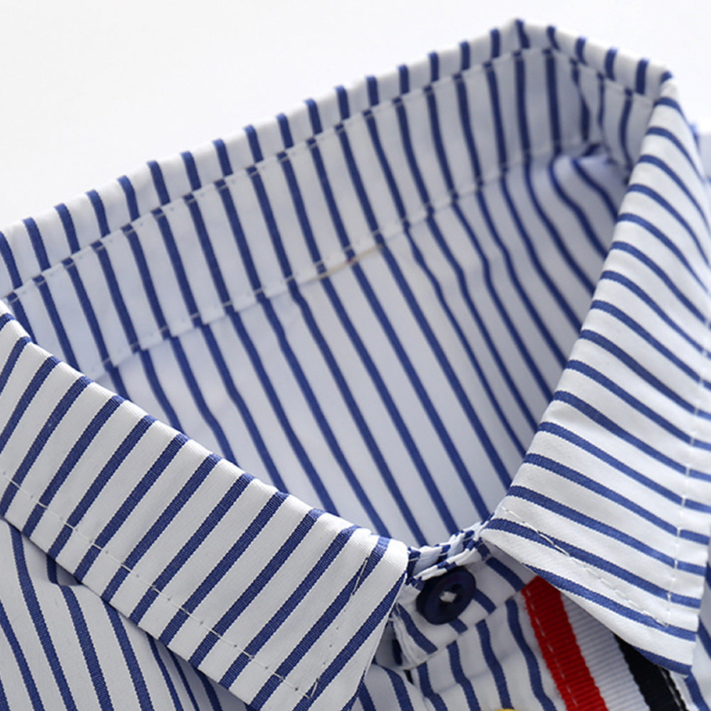 きちんと感でおでかけが映える 男の子襟付き半袖シャツ＆ホワイトショートパンツ上下セット ストライプ柄 コットン 90~130cm