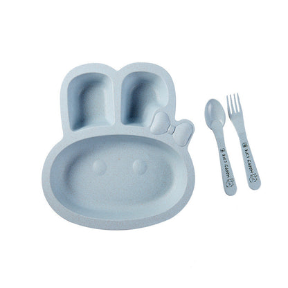 うさぎ型プレート（ブルー）とスプーン＆フォークのセット 全体が見える商品写真（小麦繊維ブレンド）
