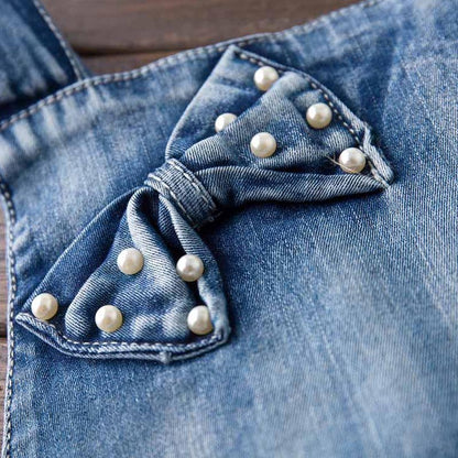 甘めバタフライが映える 女の子デニムサロペットショート 色落ち風デザイン コットン混素材 90~130cm