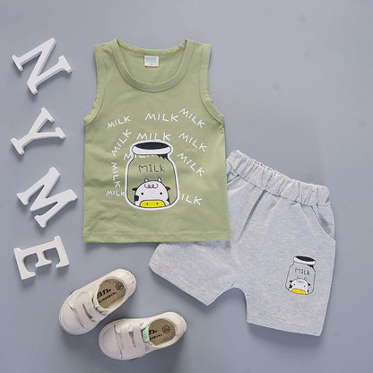さらっと涼しく毎日が快適にきまる 子どもノースリーブ上下セット ミルクボトルカートゥーンプリント コットン薄手 ショートパンツ 80~110cm