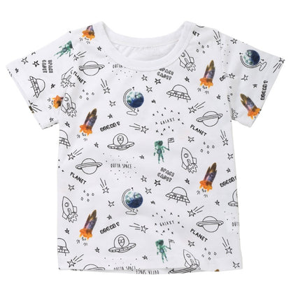 日差しに強くさらっと快適 子ども半袖Tシャツ 宇宙カートゥーン総柄 UVカット加工 コットン 90〜140cm