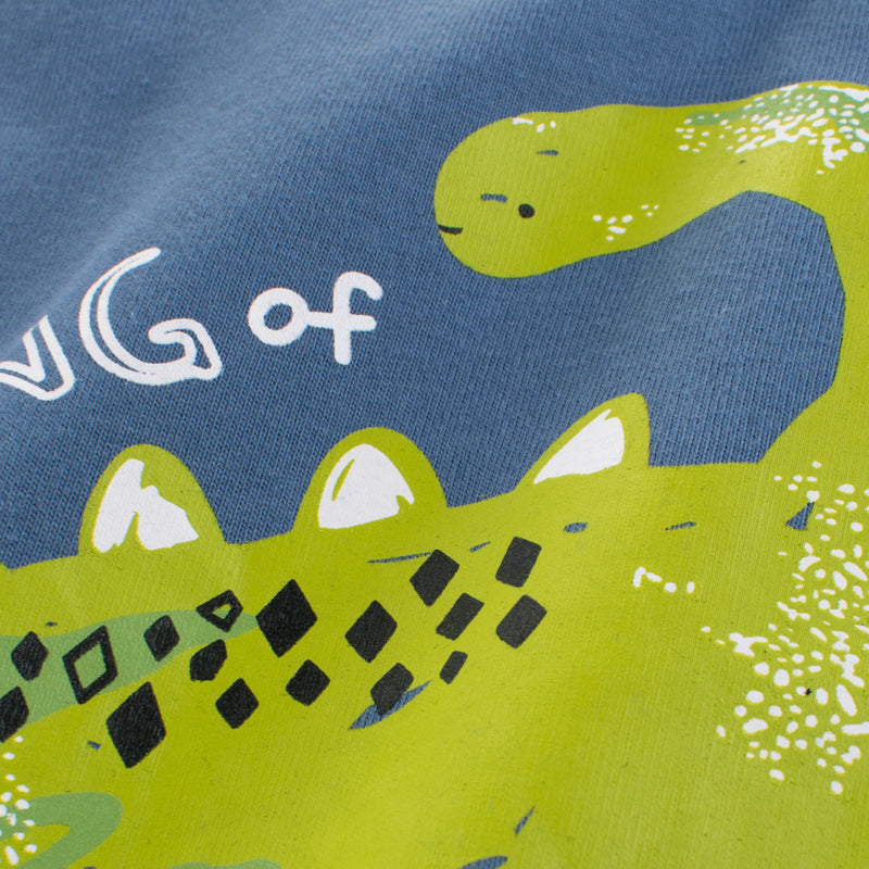 首元のラウンドネックと配色リブが見える男の子用恐竜プリントTシャツのネックライン詳細写真
