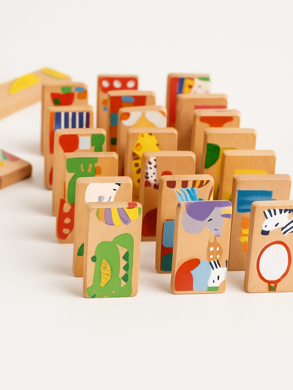 動物イラストが描かれたカラフルな木製ドミノピースがスタジオ風の白背景に並べられている様子
