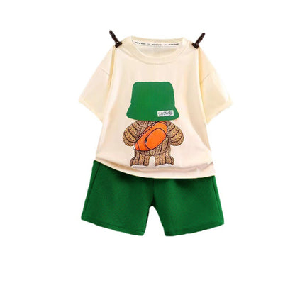 さらっと軽やかに夏コーデが完成する 子ども半袖Tシャツ＆ショートパンツ上下セット バケットハット風ベアプリント ポリエステル素材 80~150cm
