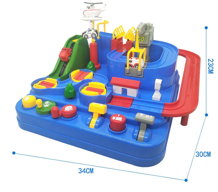 青いコンソールトラック台に赤いレールやレバーが付き 高さ23cm 幅34cm 奥行き30cmのサイズ表示が付いた全体写真
