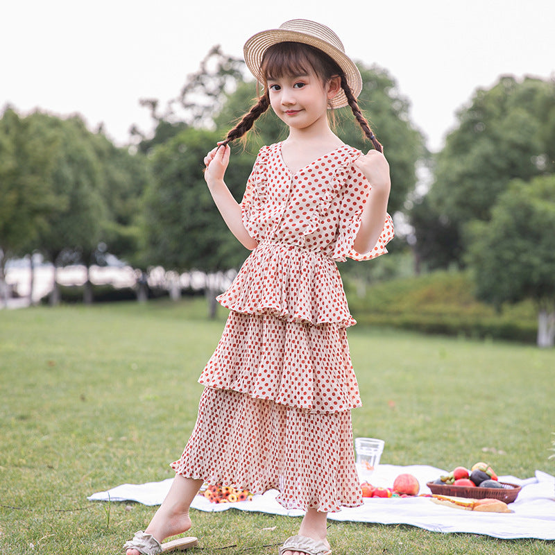 軽やかに揺れて上品に映える 女の子シフォンワンピース ドット柄ティアードデザイン ポリエステル 110~160cm