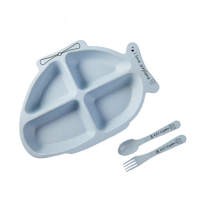 仕切り付きベビープレート（ブルー）スプーン＆フォークセット 小麦繊維ブレンドの子ども食器

