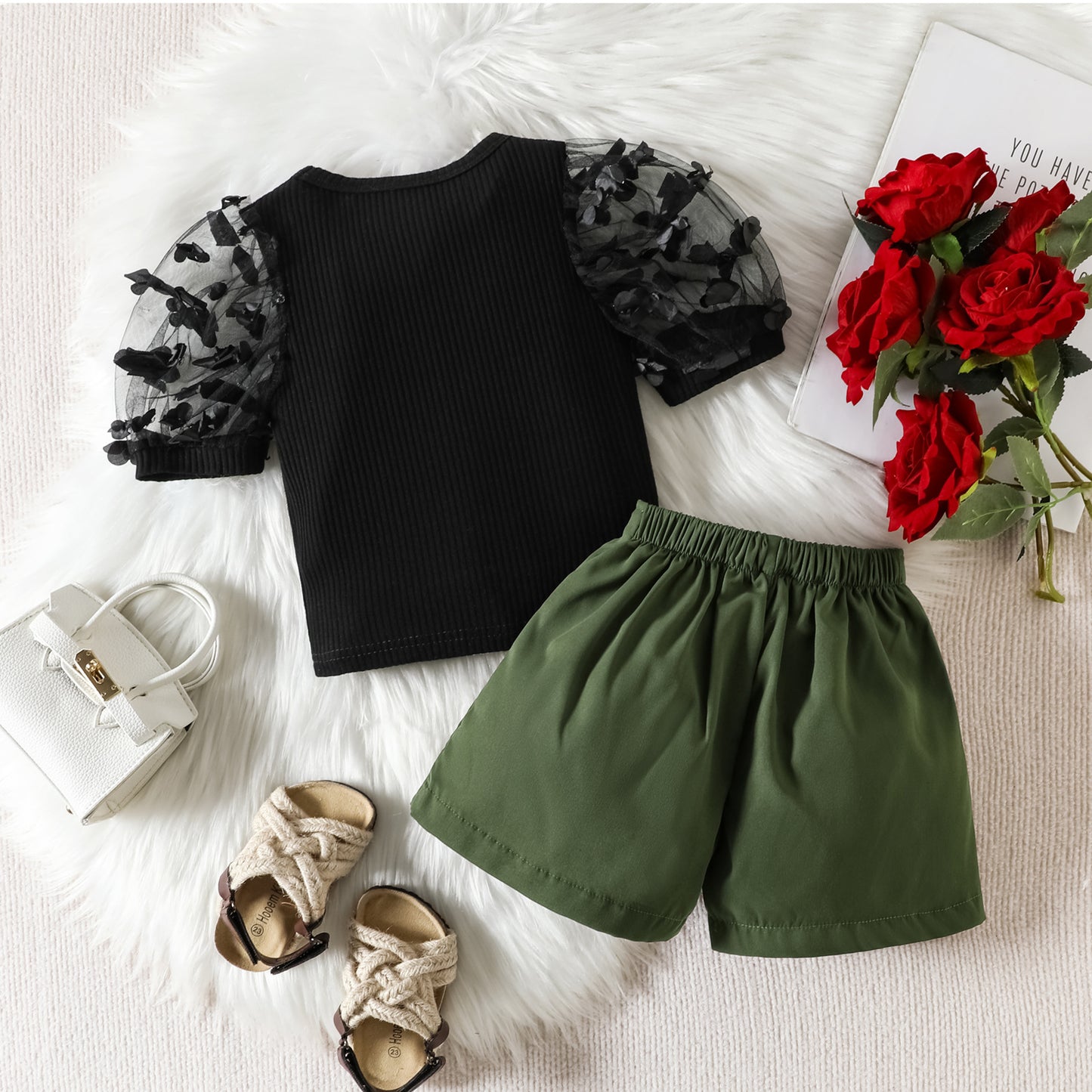 涼やかメッシュ袖の立体フラワーが華やぐ 女の子ツーピースセット ショートパンツ付き コットン 90~130cm