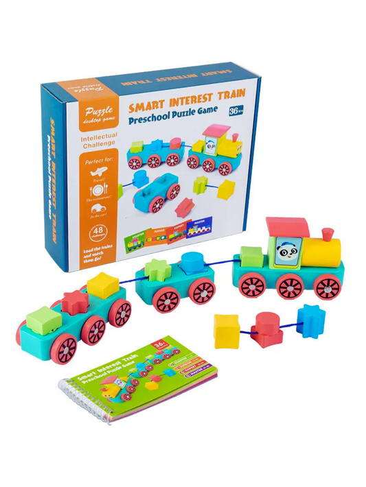 カラフルな木製スタッキングトレインとブロックが並んだ知育おもちゃセット
