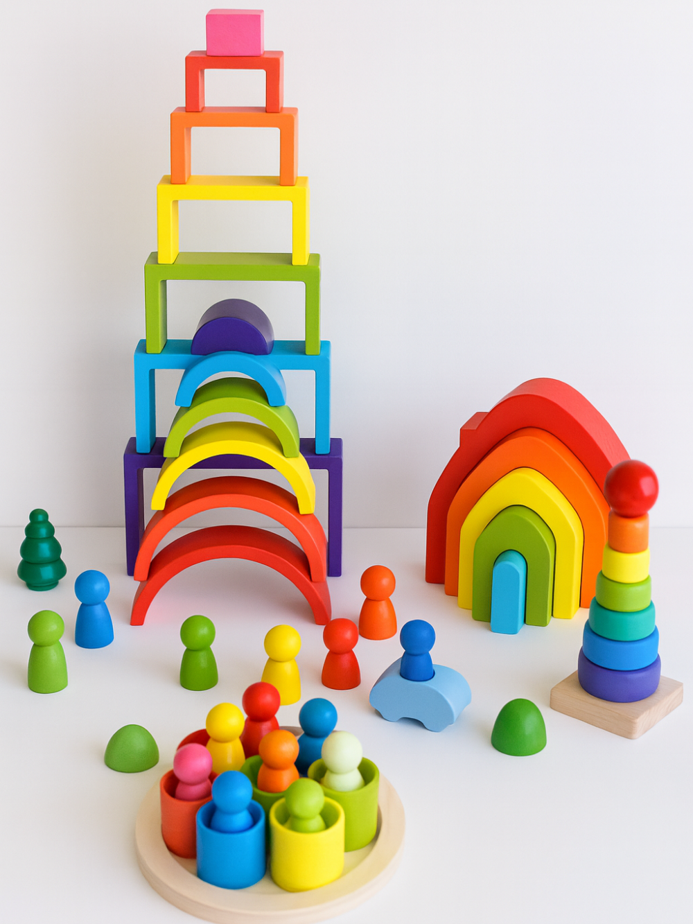 カラフルな木製レインボーブロックとペグ人形、スタッキングタワーが並んだオープンエンドタイプの知育おもちゃセット
