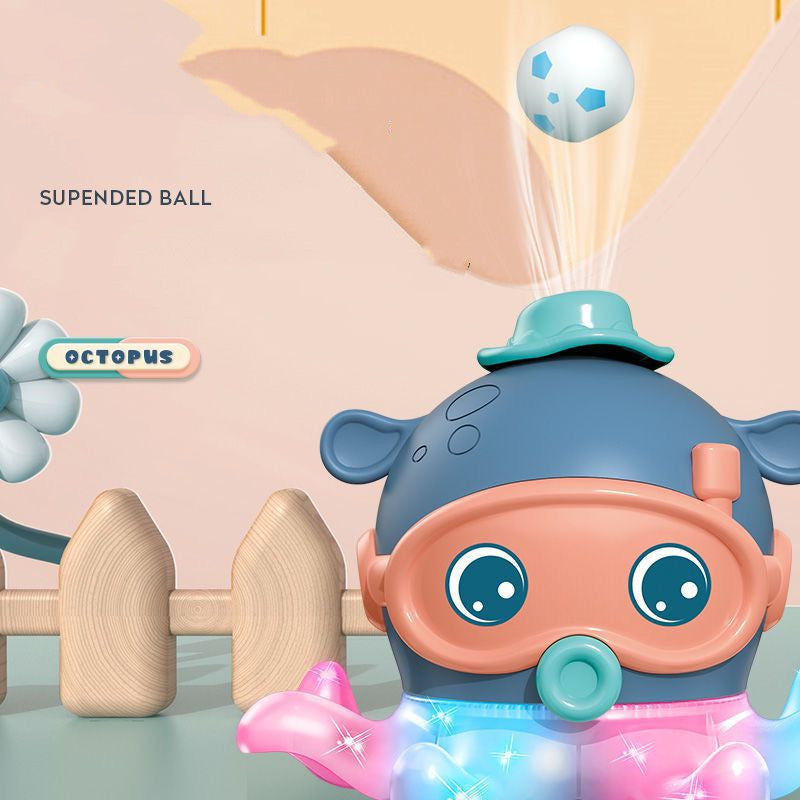 浮遊ボールを吹き上げるブルーのタコさん電動おもちゃ
