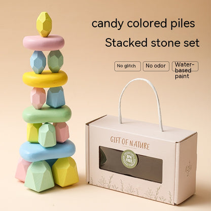 キャンディカラー木製スタッキングストーンセット タワー例とパッケージ
