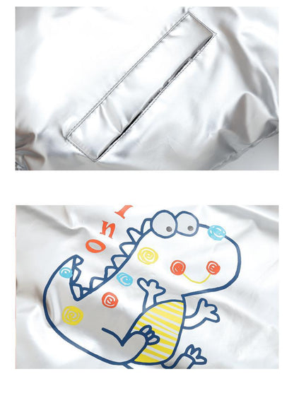 あったか恐竜モチーフで冬のおでかけが楽しくなる 男の子フード付き中綿ジャケット カートゥーン恐竜プリント 厚手 ポリエステル中綿 90~130cm