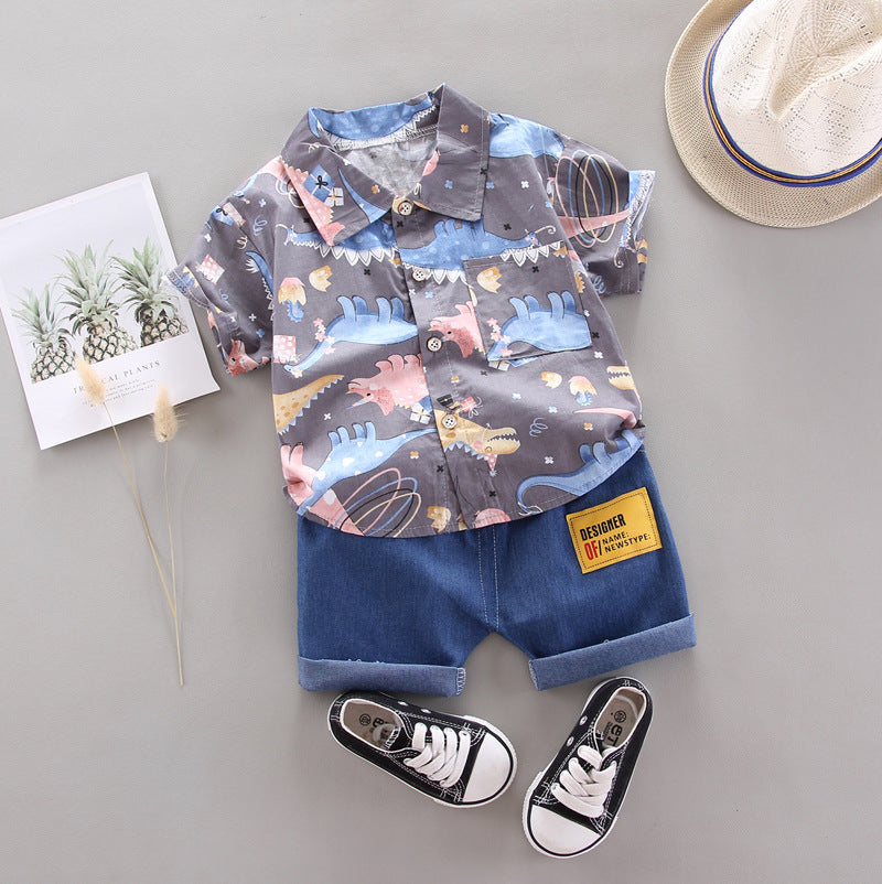 夏のおでかけが楽しくなる 男の子半袖シャツ＆ショートパンツ上下セット 恐竜プリント コットン 80〜110cm