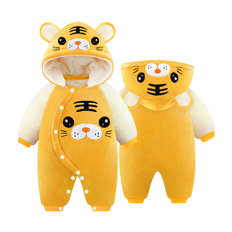 フード付きイエロータイガー厚手ベビーカバーオールを2サイズ並べた全体シルエット写真
