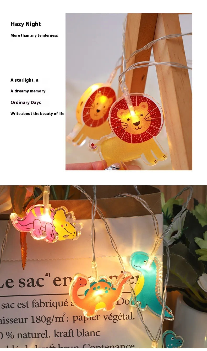 アクリルアニマルLEDストリングライト 発光イメージ ライオンモチーフと恐竜モチーフ 吊り下げデコ
