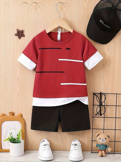 さらっと快適に夏を走れる 男の子スポーティー上下セット 半袖Tシャツ＆ショートパンツ 配色ラインデザイン ポリエステル吸汗仕様 100〜160cm