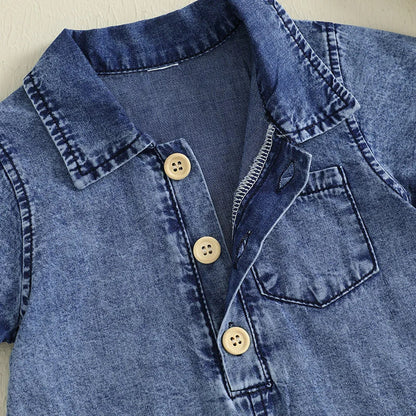 夏のおでかけがきりっと決まる 男の子襟付き半袖ロンパース 無地デニム風コットン 前ボタン 0〜18ヶ月