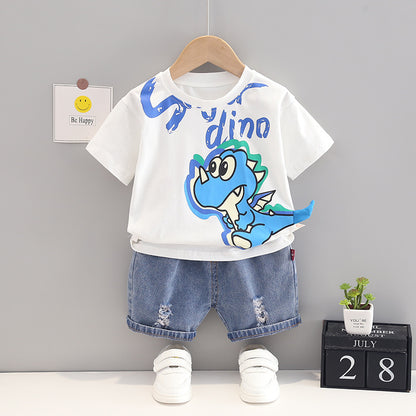 夏のお出かけが楽しくなる 子ども半袖Tシャツ&デニムショートパンツ上下2点セット 恐竜カートゥーンプリント コットン 80~120cm