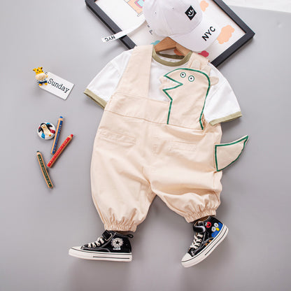 元気いっぱい恐竜モチーフで夏のおしゃれが決まる 子ども半袖Tシャツ&サスペンダーショートパンツセット コットン 80~120cm