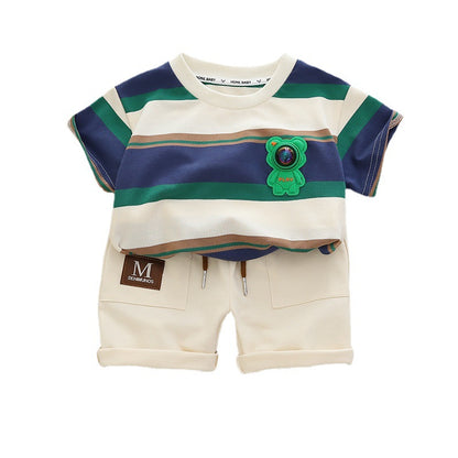 さらっと快適に着回せる 男の子ボーダー半袖Tシャツ＆ショートパンツ上下セット ワンポイントモチーフ コットン 90〜130cm