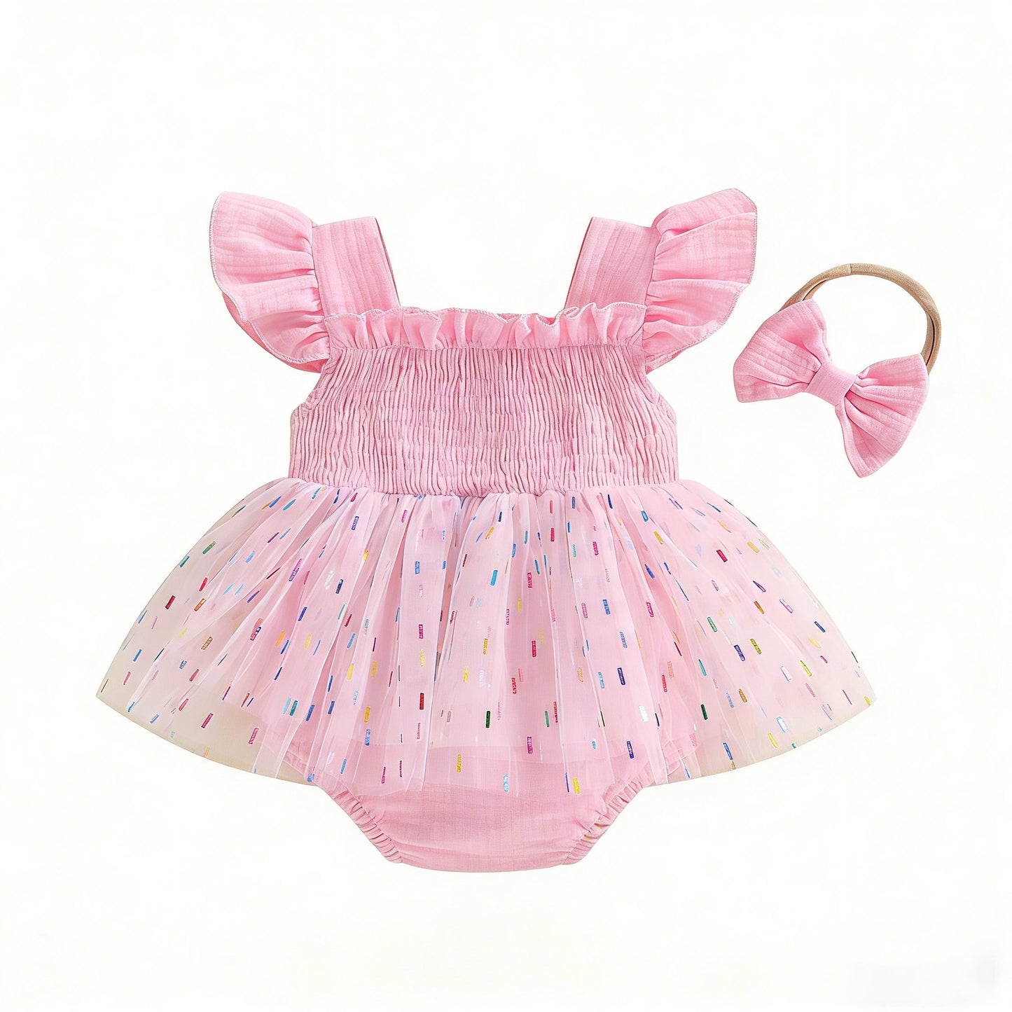 ふんわりチュールで写真映えする 女の子ベビーメッシュロンパース one刺しゅう ボウヘアバンド付き コットン 6〜18ヶ月