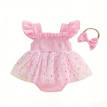 ふんわりチュールで写真映えする 女の子ベビーメッシュロンパース one刺しゅう ボウヘアバンド付き コットン 6〜18ヶ月