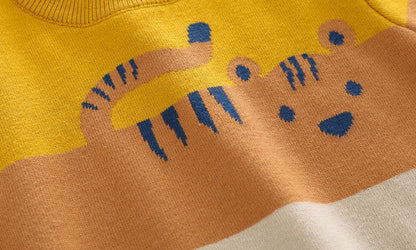 やわらかダブルレイヤーで秋冬あたたかい 子ども長袖ニットセーター アニマルジャカード コットン 100〜140cm