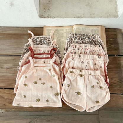 さらっと薄手で夏に涼しい 子どもキャミソールパジャマ上下セット デンマーク風フラワー&カートゥーン柄 コットン 66~100cm