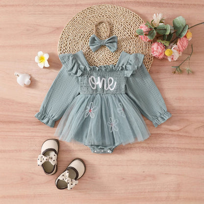 バースデーにふんわり映える 女の子長袖ロンパース チュールスカート重ね one刺繍 コットンニット ピンク・ベージュ・オリーブ 6〜18ヶ月